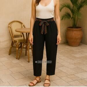 Boho High Waisted Wide Leg Pants Black Paisley Belt Resort Festival Size L 16